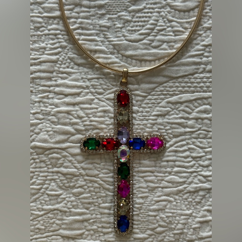 Multicolor Gemstone Cross Pendant Necklace